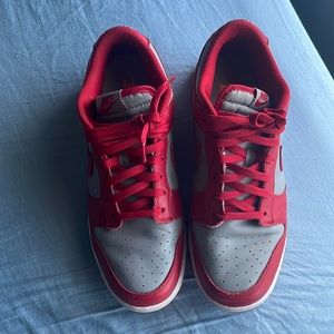 Size 11 Crimson Red Jordan Air 1s low.